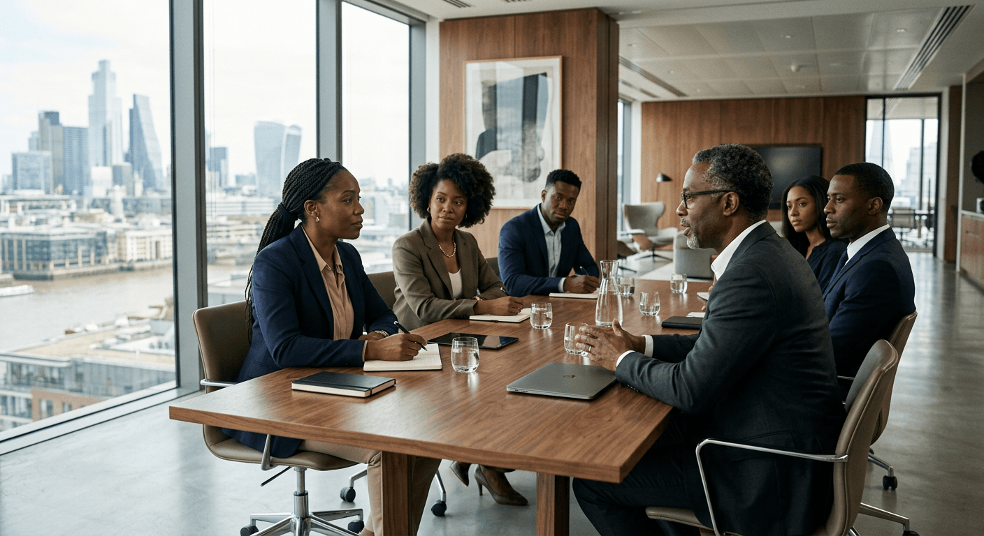 Organizational advisory discussion in a professional office setting